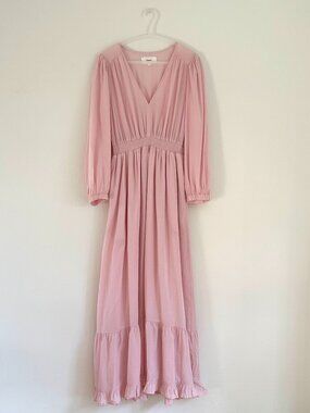 XiRENA Blush Pink 3/4 Sleeve V-neck Tiered Maxi Dress with Elastic Waist